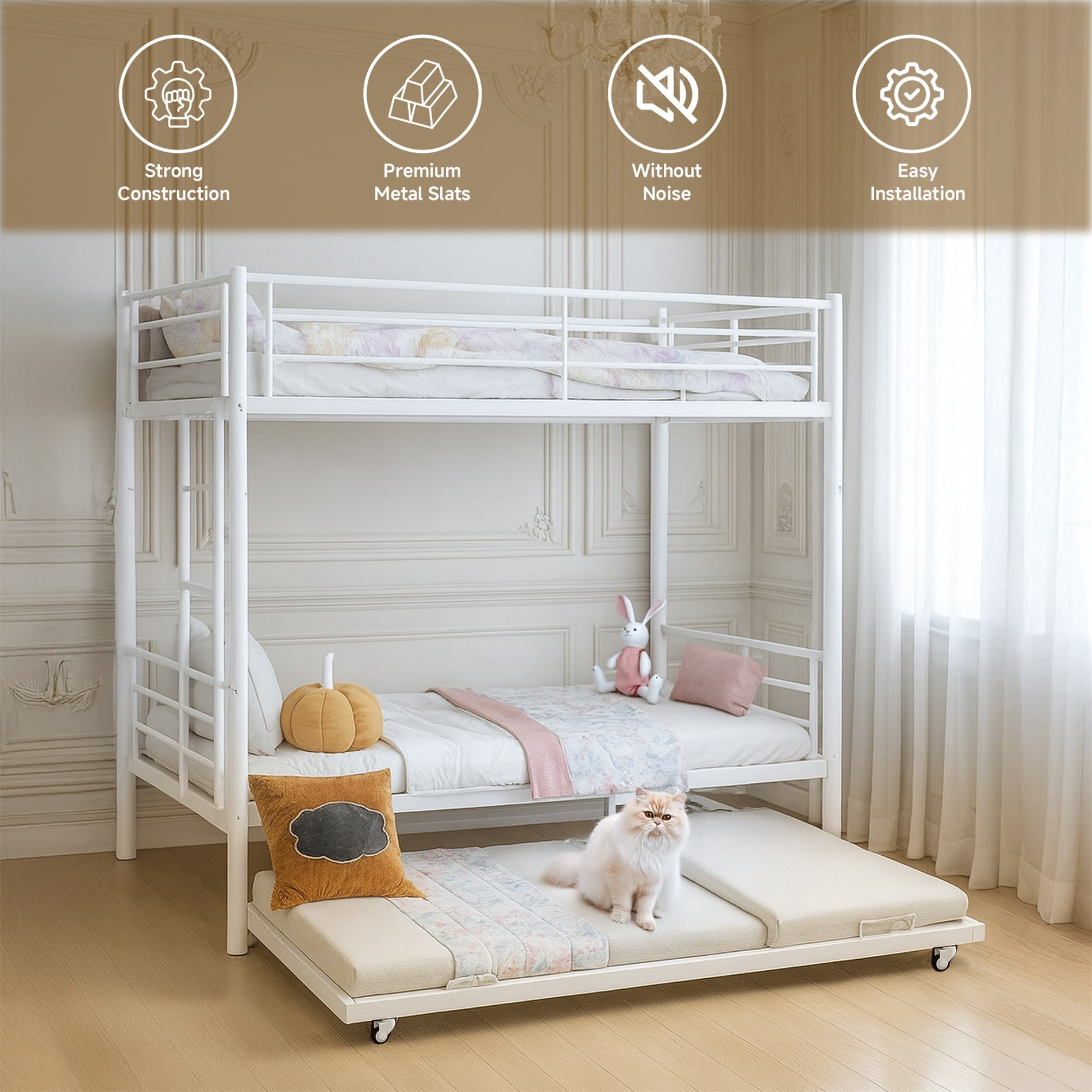 Alvantor Triple Bunk Beds Frame, Twin over Twin Bunk Bed with Trundle, Heavy Duty Metal Bed with Guardrail and Ladders, Divided Into 3 Twin Beds for Boys, Girls, Kids, Easy Assembly White
