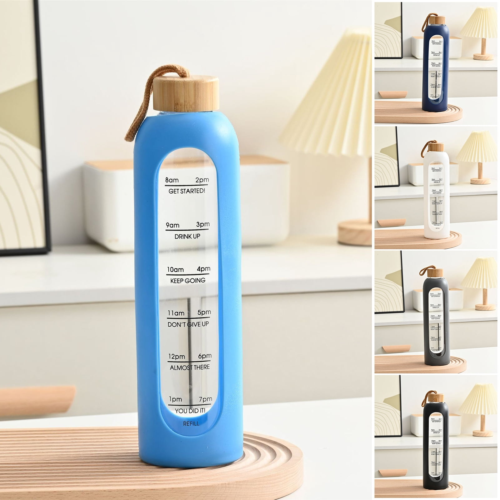 Jkung Glass Water Bottle 1 Liter Capacity Drinking Bottle with Time Mark Silicone Sleeve Leak-Proof Spout Lid Wide Mouth Water Cup