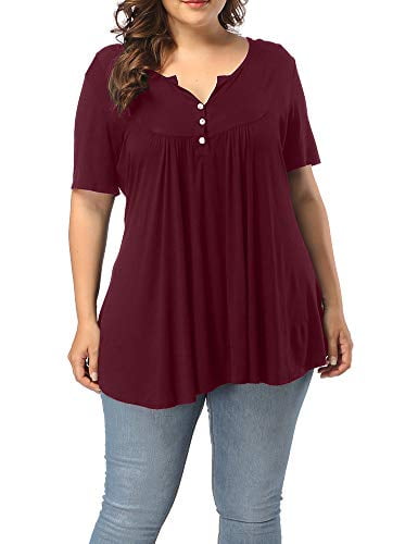 ALLEGRACE Women's Plus Size Henley V Neck Button Up Tunic Tops Casual Short Sleeve Ruffle Blouse Shirts