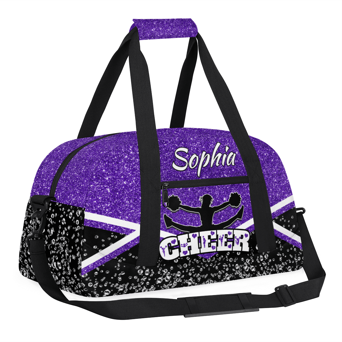 Jiaoprinted Personalized Cheerleader Bag Dance Bag, Custom Sport Gym Bag with Name, Customized Travel Duffel Bag for Cheer Team, Purple Glitter