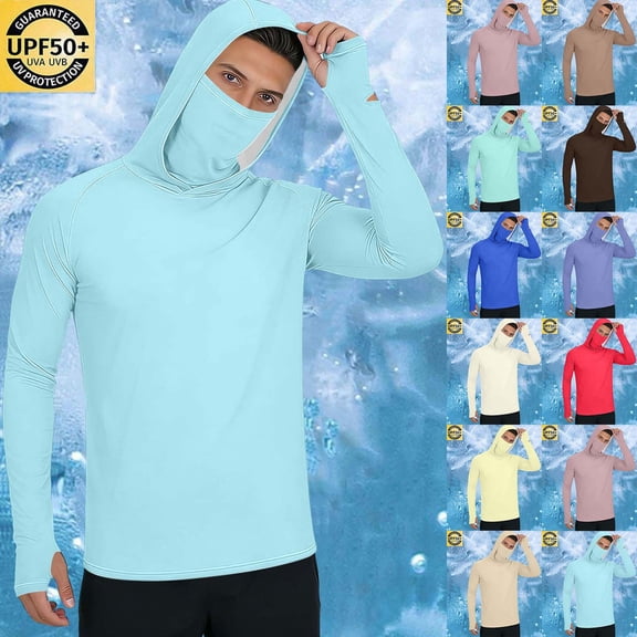 Kalauyu Mens UPF50 Sun Protection Hooded Long Sleeve Shirts Stretch Casual Basic Tops Thumb Hole Rash Guard Shirts Fishing Hiking Tops