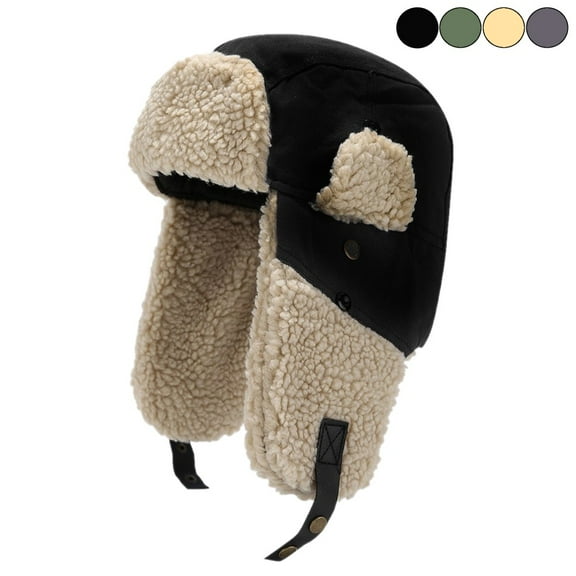 AYAMAYA Winter Hats for Men Women, Windproof Trapper Ushanka Hat with Ear Flaps, Russian Pilot Aviator Cap for Outdoor Warm, Black