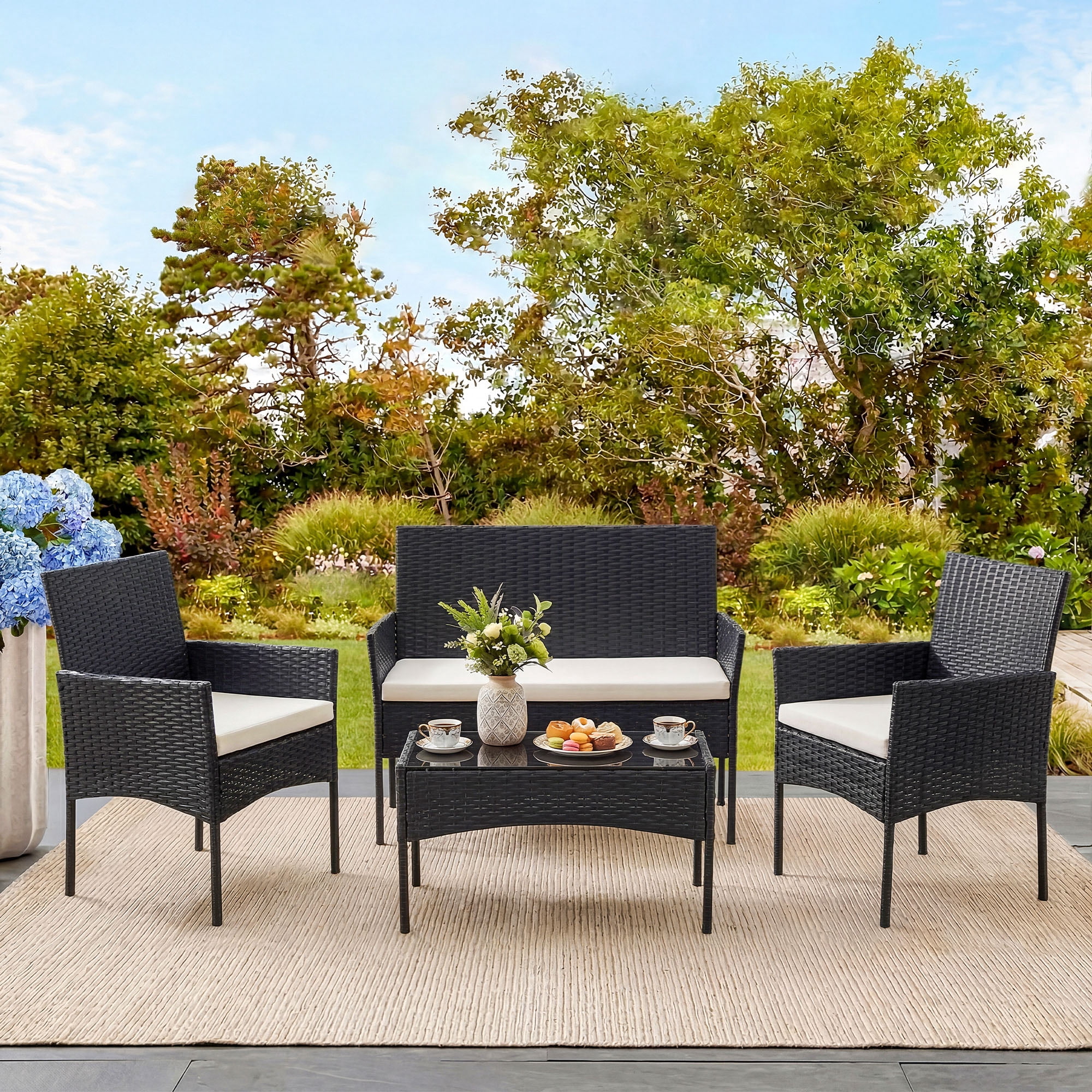 EDX 4 Piece Patio Furniture Set, All-Weather PE Rattan Conversation Set with Black Tempered Glass Coffee Table, Washable Cushions, for Porch Garden Backyard, Black/Beige