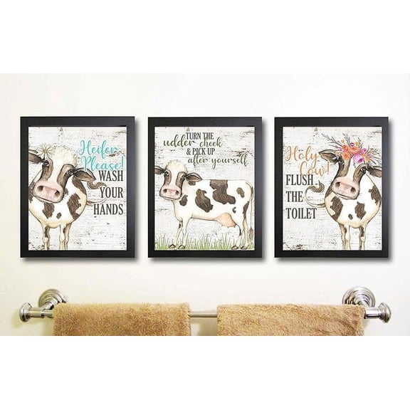 Silly Goose Gifts Heifer Please! Wash Your Hands - Fun Bathroom Rustic Farmhouse Decor Cow Wall Art Prints Wood Country Style Watercolor Design