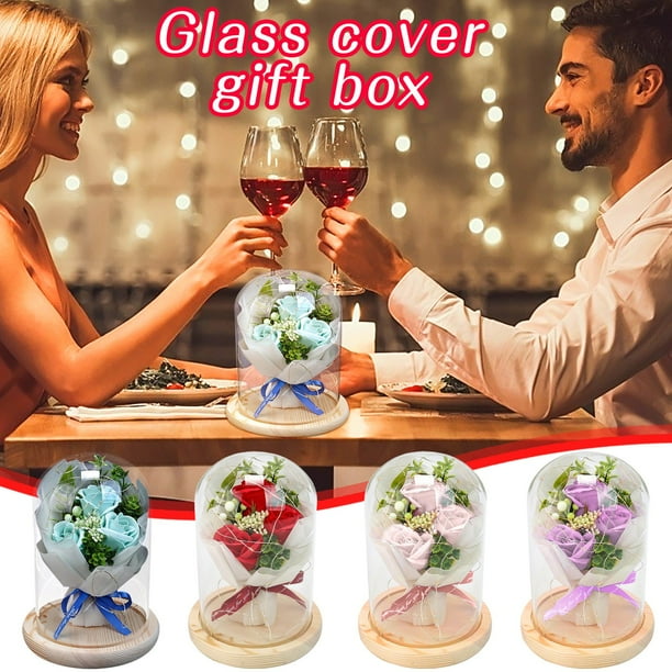 Fiudx Ramo de Rosas, Flor de Jabón Eterna, Cubierta de Vidrio con Luz Led, Elegante Regalo de San Valentín, Perfecto para La Decoración Del Hogar, Regalo Romántico para Seres Queridos, Requiere 3 Pil