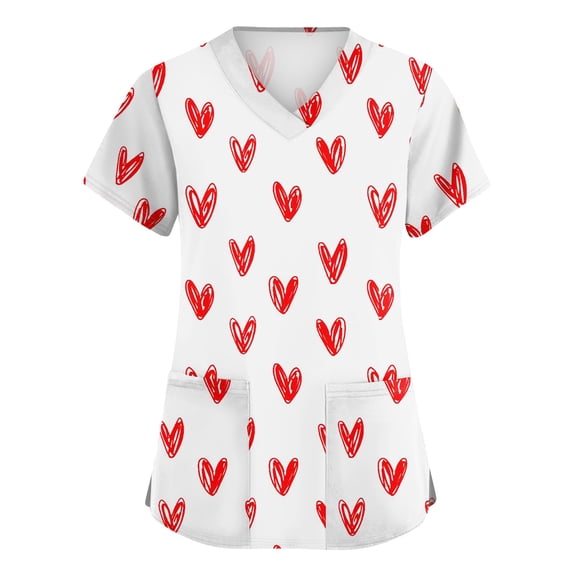 Valentine Day Nursing Scrubs Womens Love Heart Print Short Sleeve Quick Dry Uniforms V Neck Plus Size Medical Scrubs with Pockets Pink 4XL