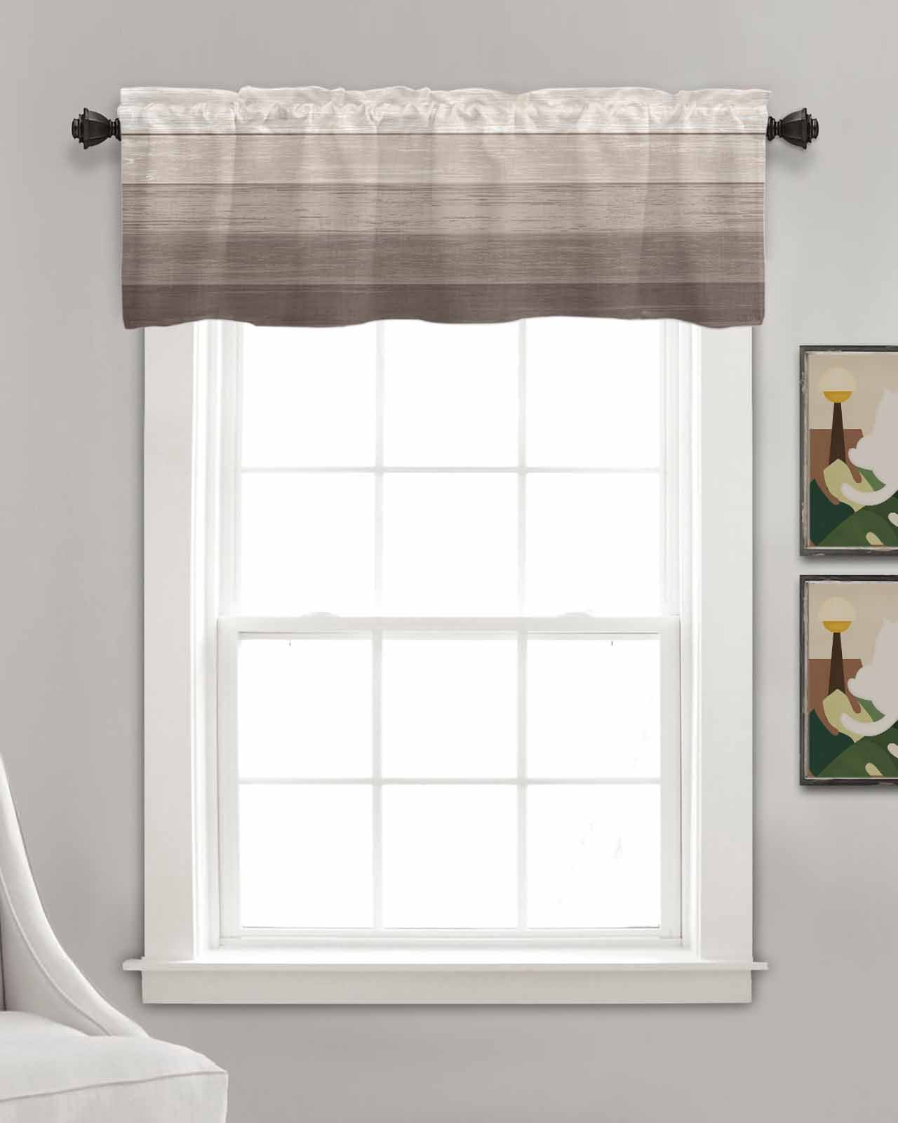Brown Farmhouse Linen Curtain Valance for Bedroom/Bathroom/Kitchen/Office/Living/Dining Room Window,Vintage Gradient Retro Wooden Grain Pocket Topper Drapes Decorative Cafe Drapery Panel 54"x18"