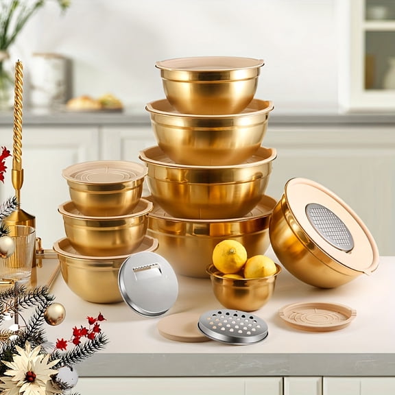 10Pcs Golden Stainless Steel Mixing Bowls Set with Khaki Lids & Grater, Rust-Proof Dishwasher Safe, 5 Sizes 500-6500ml for Baking Cooking Salad Prep Holiday Serving