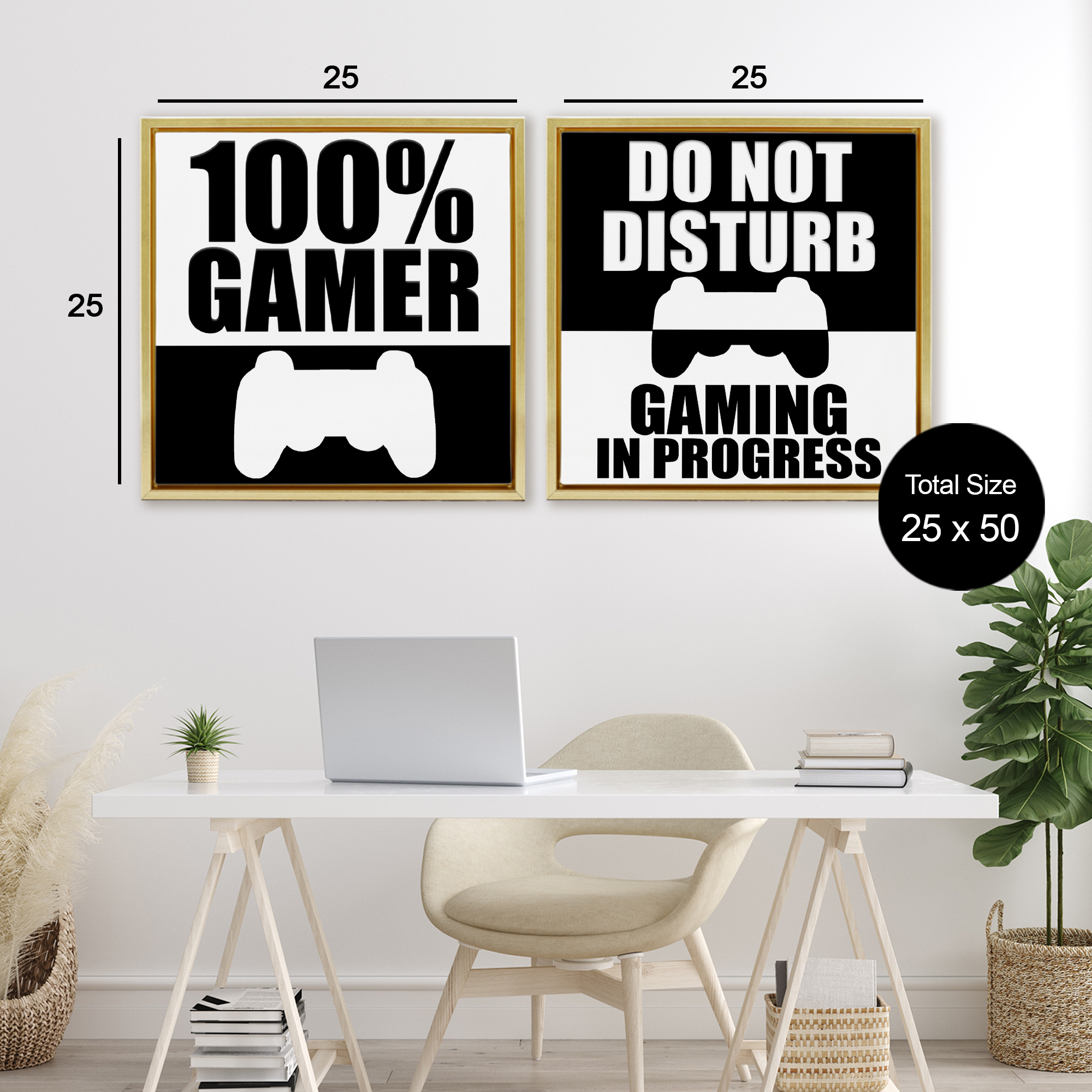 Competitive Gamer Black & White 2 Piece Gold Framed Floater Canvas Set, design by Kim Allen