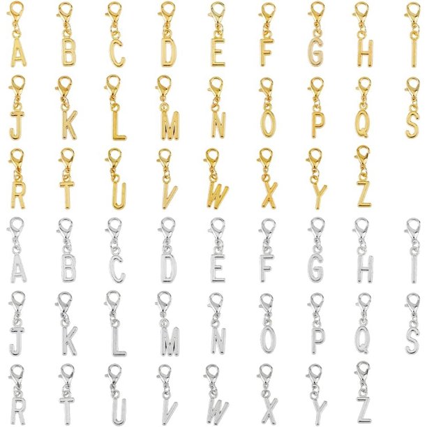 104 piezas de dijes de letras del alfabeto de la A a la Z en 2 colores, dijes de letras iniciales con cierre de langosta, colgantes de letras mayúsculas de aleación