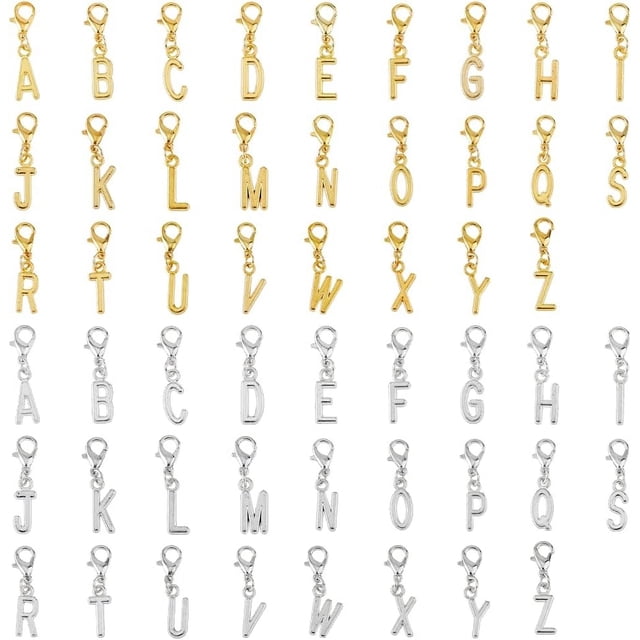 104 piezas de dijes de letras del alfabeto de la A a la Z en 2 colores, dijes de letras iniciales con cierre de langosta, colgantes de letras mayúsculas de aleación