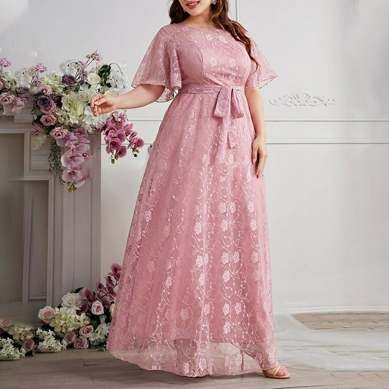 UPPADA Plus Size Dresses for Women Wedding Guest Cocktail Dress Short  Sleeve V Neck Tie Waist Casual Summer Dress Semi Formal Wrap Maxi Dress  A-Line Flowy Long Dress Pink,XXXL - Walmart.com