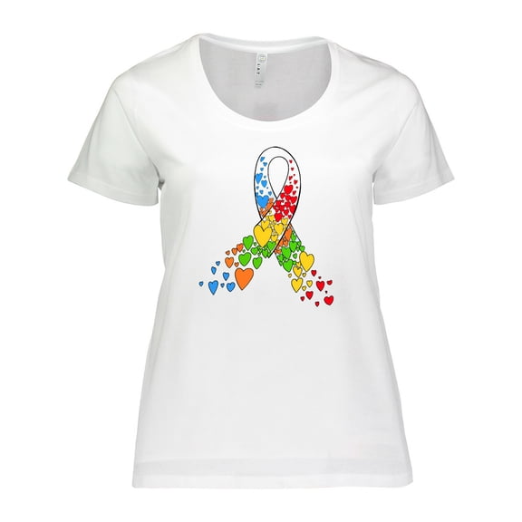 Inktastic Autism Awareness Red Yellow Green Orange Blue Heart Ribbon Women's Plus Size T-Shirt