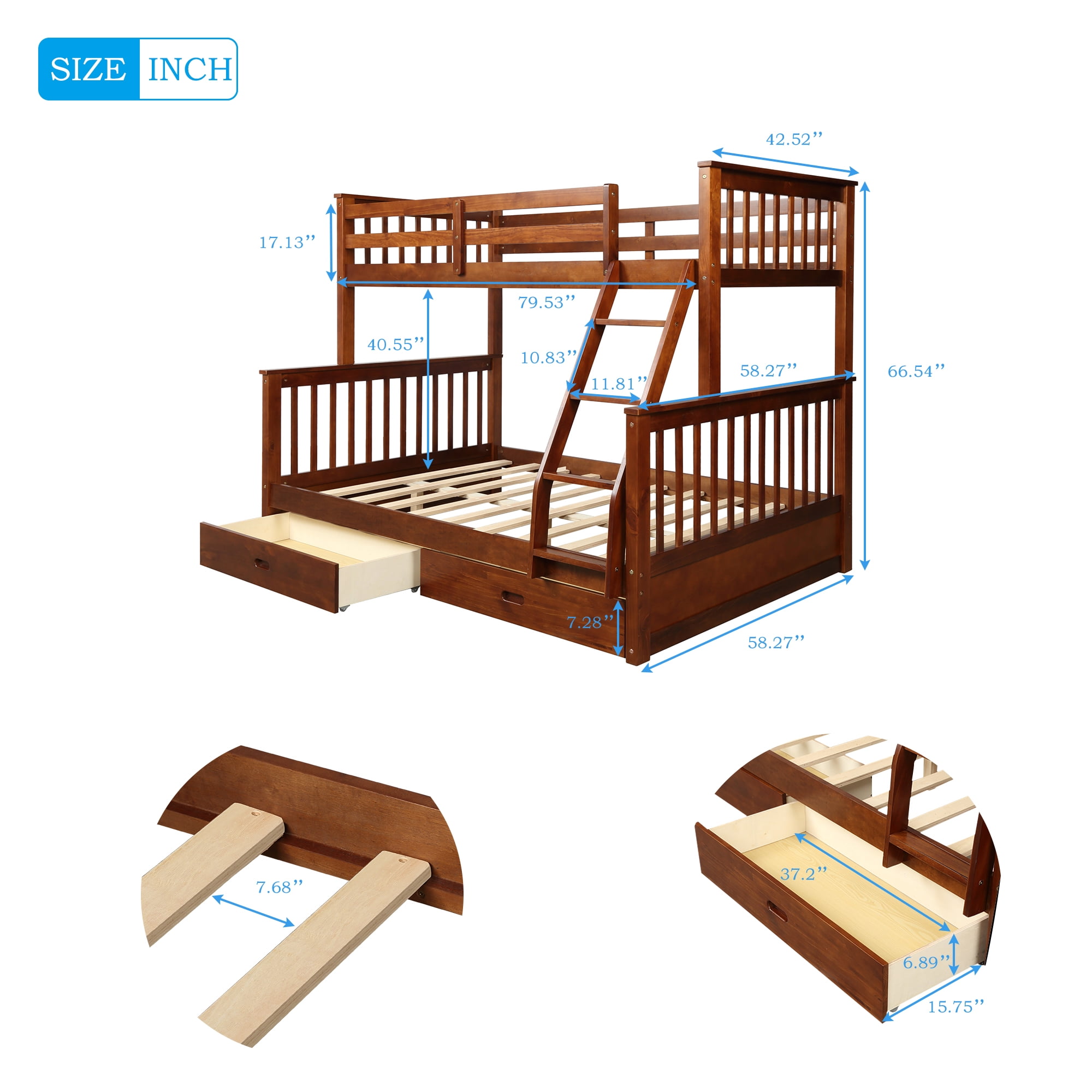 Kepooman Twin-Over-Full Wood Bunk Bed with 2 Storage Drawers & Ladder for Dorm, 79.53"L x 58.27"W x 66.54"H, Walnut Kepooman Twin-Over-Full Wood Bunk Bed with 2 Storage Drawers & Ladder for Dorm, 79.53"L x 58.27"W x 66.54"H, Walnut