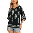 thumbnail image 4 of INSPIRE CHIC Boho Blouses for Women 3/4 Sleeve Notched V Neck Leaves Print Summer Tops S Black, 4 of 6