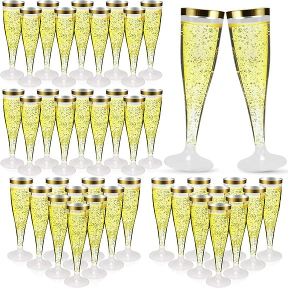 100 Pack Plastic Champagne Flutes,4.5 oz Gold Rim Plastic Champagne Glasses,Clear Disposable Champagne Flute,Disposable Toasting Glasses for Parties, Weddings