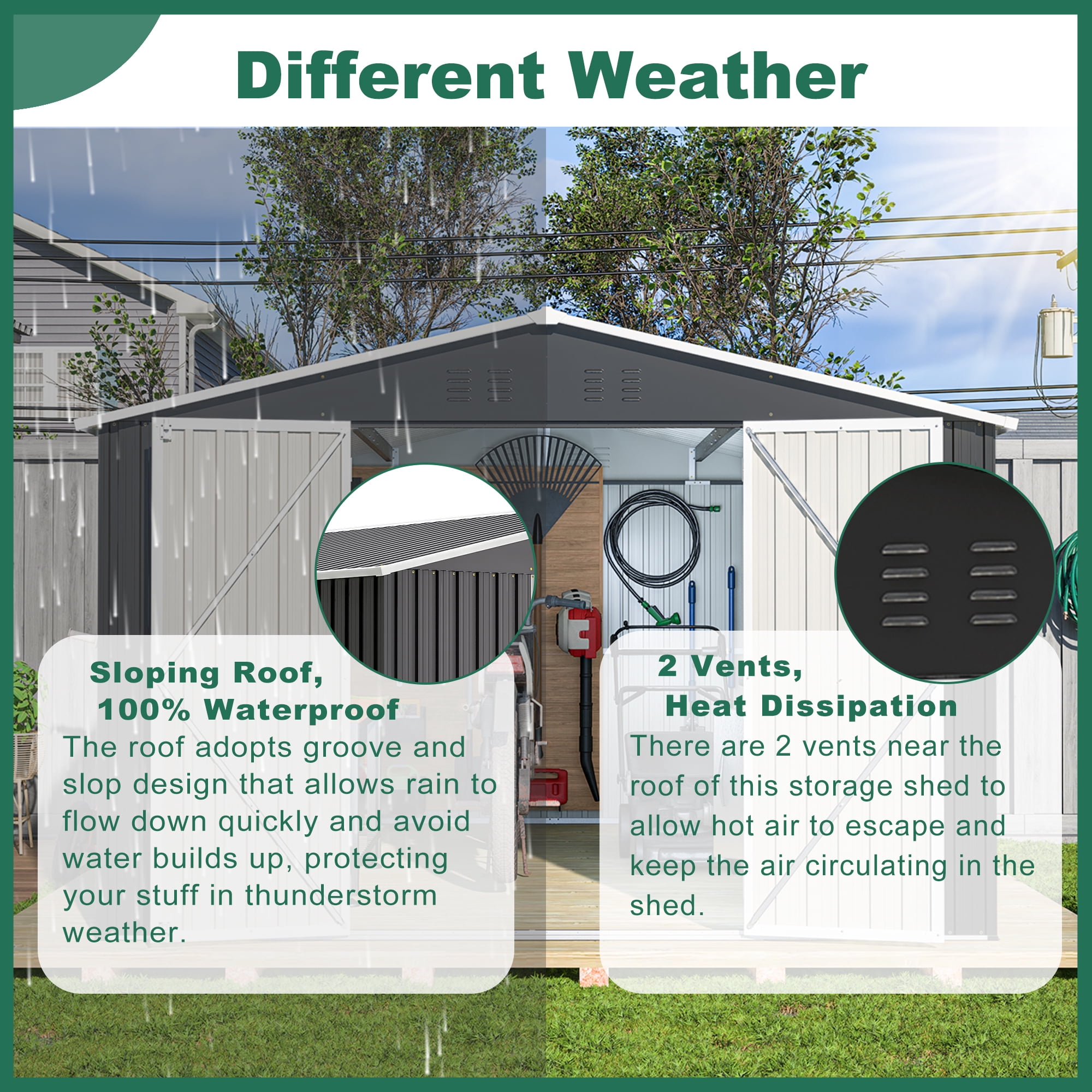 DetalleGo 10x12FT Metal Storage Shed - No Foundation Needed! Lockable Double Doors (49.5"x65"), Aluminum Frame & Galvanized Steel, All-Weather Garden Shed for Lawn Mower/Tools