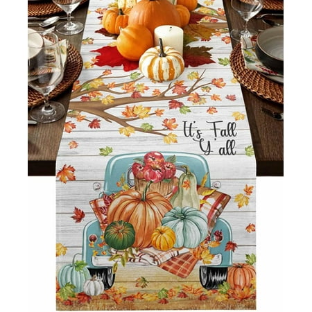 

Fall Thanksgiving Pumpkin Table Runner 120 Inches Long Farmhouse Dress Scarves Maple Leaf Truck Rustic Dining Tablerunner for Coffee Table/Kitchen Island/Party Décor 13 x 120