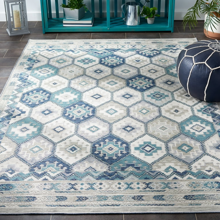 5' X 7' Ivory Or Blue Geometric Mosaic Indoor Outdoor Area Rug 5' X 7' Ivory Or Blue Geometric Mosaic Indoor Outdoor Area Rug