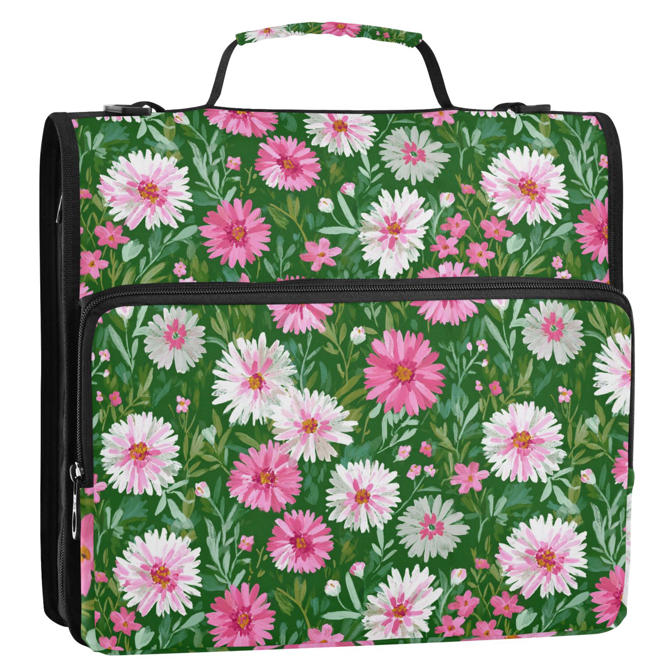 Zipper Binder Daisy Pink and White 1.5 Inch Binder Folder Bag with Shoulder Strap and Handle