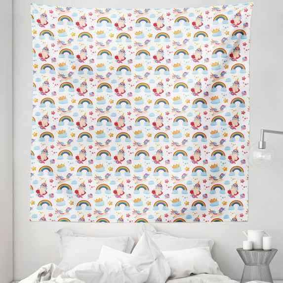 Cartoon Tapestry, Unicorns Rainbow Clouds Crown Ice Creams Stars Colorful Funny, Fabric Wall Hanging Decor for Bedroom Living Room Dorm, 5 Sizes, White and Multicolor, by Ambesonne
