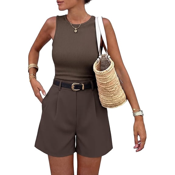 BTFBM 2 Piece Sets for Women Summer Sleeveless Matching Short Sets Tank Crew Neck Airport Travel Outfits Pockets