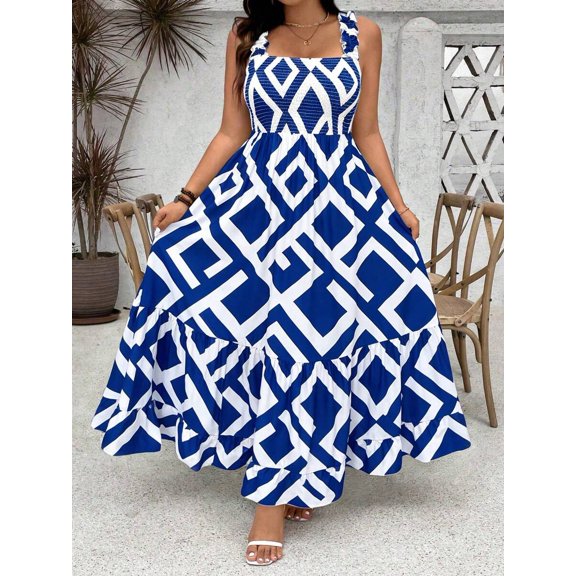 Plus Size Women Blue And White Geometric Print Ruffle Hem Spaghetti Strap A-Line Maxi Dress