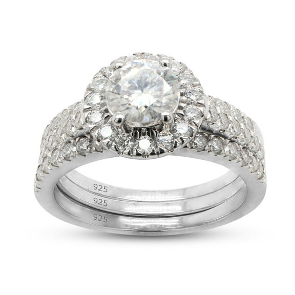 AFFY 14k White Gold Plated Sterling Silver Center 1ct 6.5mm G-H-I Color Halo Moissanite Wedding Engagement Rings Set for Women 3 Pieces Ring Size-5.5