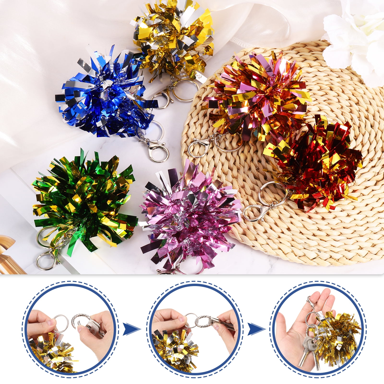 Uxcell 20 Pcs Cheer Pom Pom Keychain Cheerleading Gift Charm Plastic Keyring Bulk for Christmas Blue Gold Tone