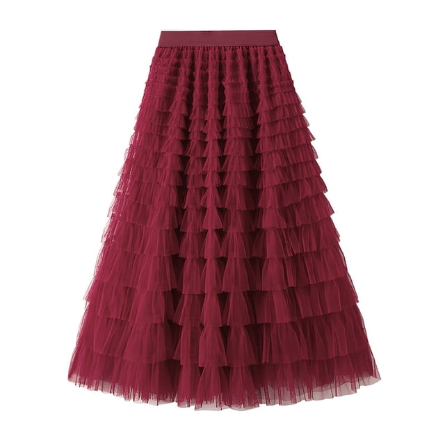 Miqool Womens A-Line Skirt Mesh Layered Hem Multilayer Tiered Puffy Ruffles Tulle Midi Skirt