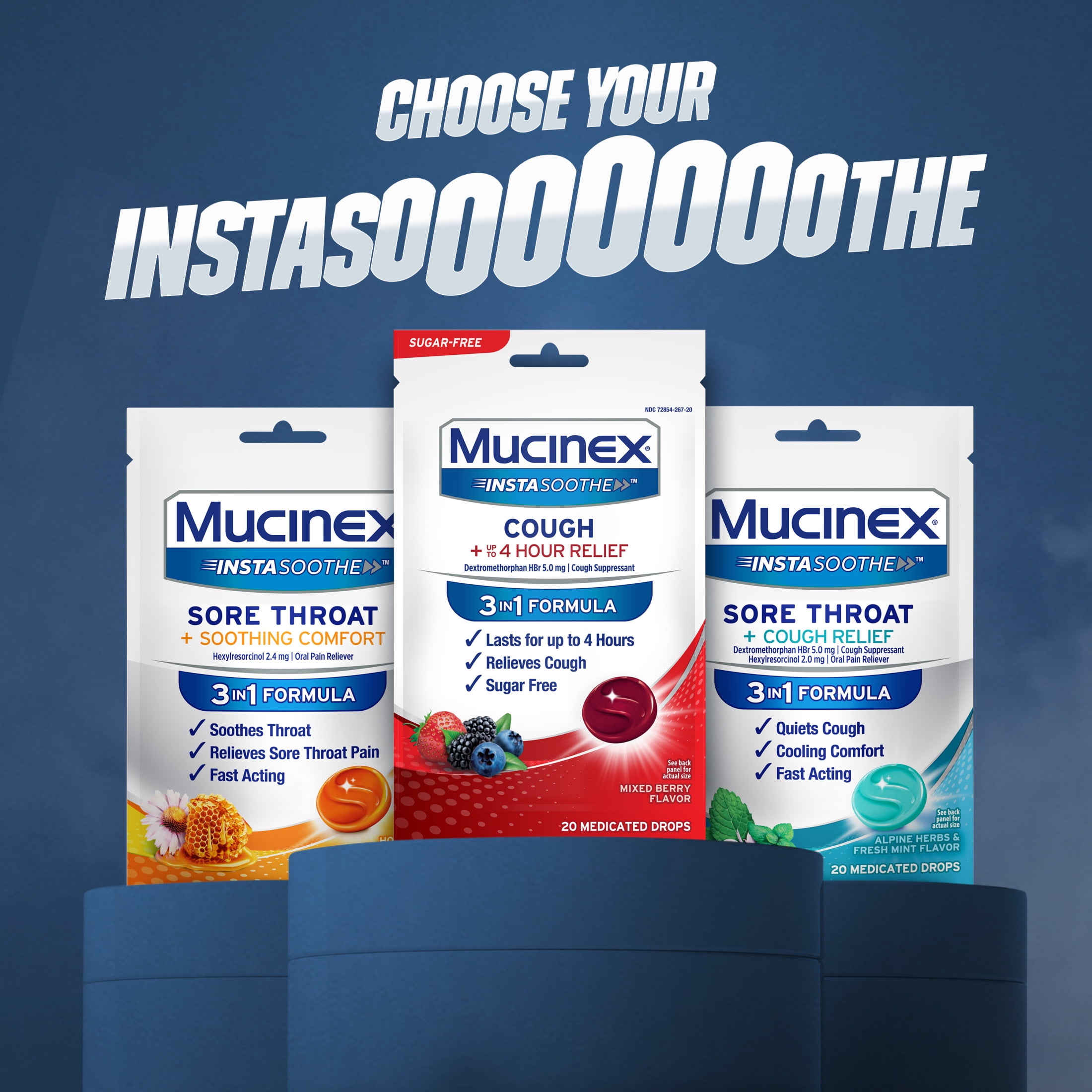 Mucinex Instasoothe Cough Drops Sugar Free, FSA/HSA, Mixed Berry Flavor, 20 Medicated Cough Drops