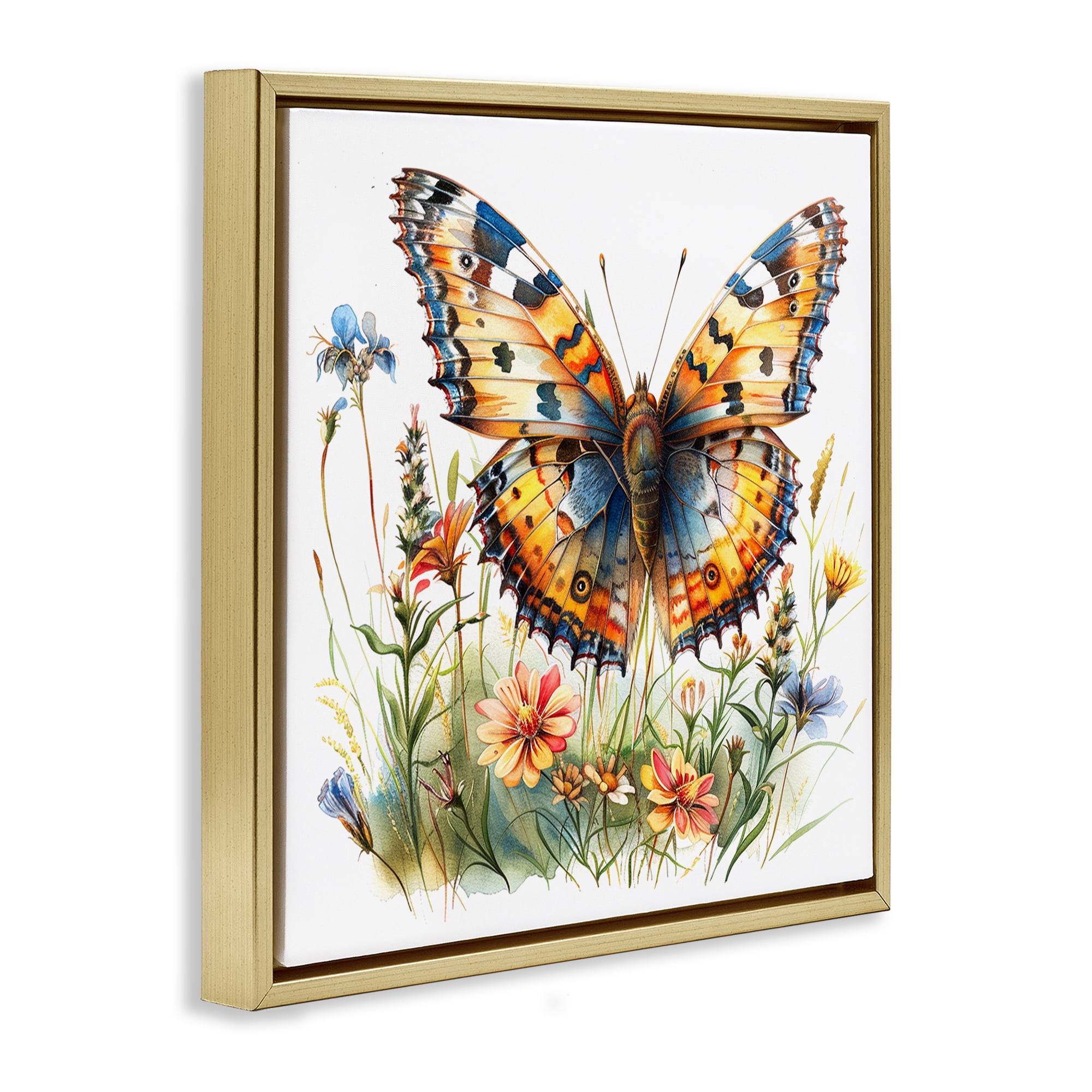 Stupell Industries Summer Garden & Butterfly Insects Painting Gold Floater Framed Canvas Art Print Wall Art, 25 x 25