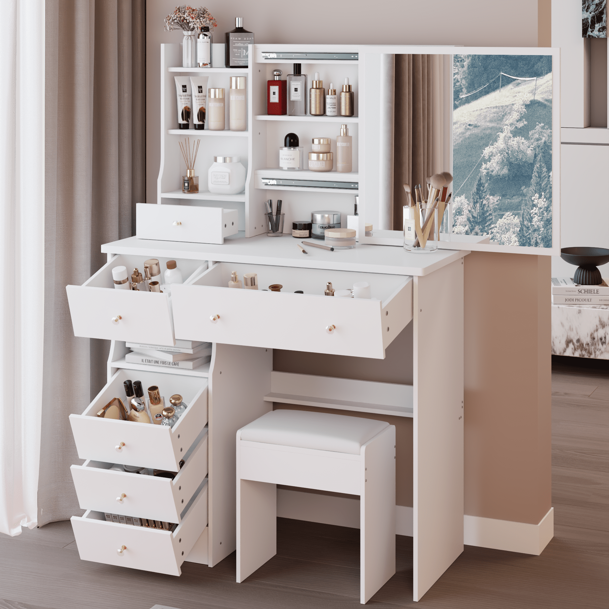 Drawer Desktop Vanity Table + Cushioned Stool, Multi Layer High Capacity Storage, Practical Fashionable Dresser White 37"