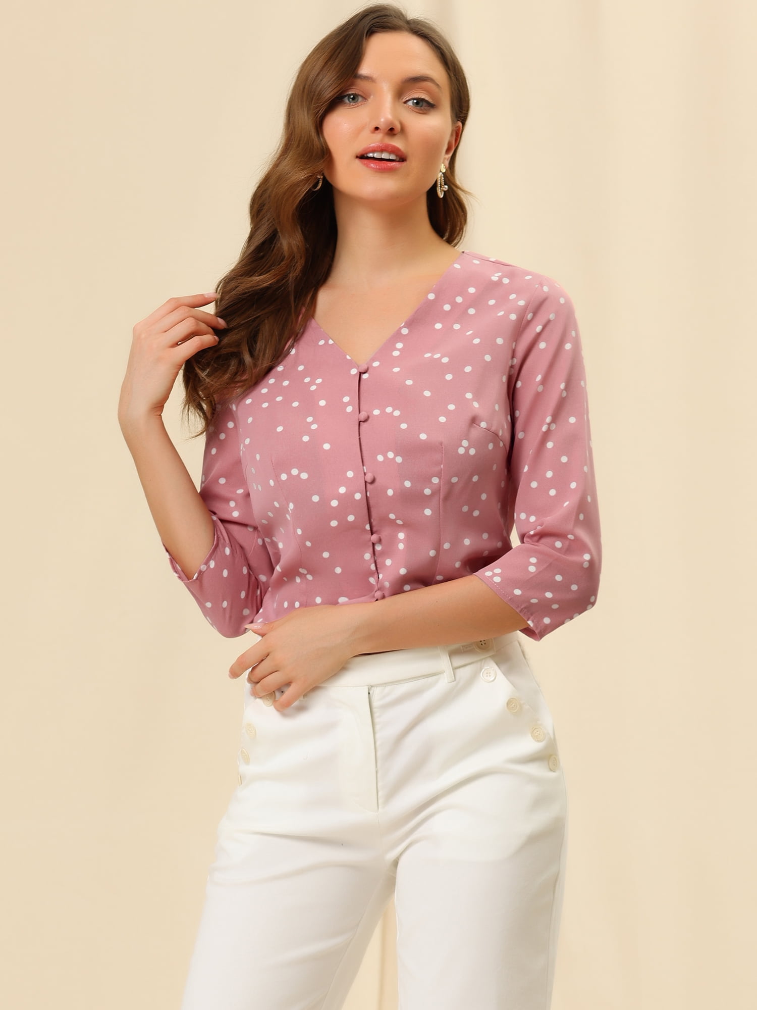 DARING DIVA Women's V Neck Polka Dots 3/4 Sleeve Casual Button Blouse XS Pink