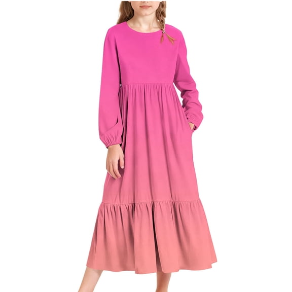 Cethrio Girls Casual Dresses Size 8, Crew Neck Long Sleeve Party Gradient Print Maxi Dresses with Pockets Pink Size 8