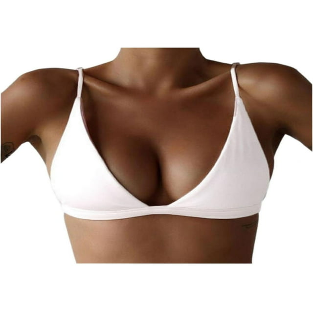 Womens Summer Halter Bikini Top Sexy Triangle Padded Push Up Bra V-Neck Solid Spaghetti Strap Swimsuit Tops