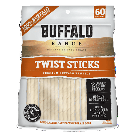 Twisted Smoke Buffalo Range Rawhide Dog Treats | Healthy, Grass-Fed Buffalo Raw Hide Chews | Hickory Smoked Flavor | Non-Jerky Twist, 60 Count ()