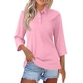 thumbnail image 2 of Nestiefly Women Polo Shirts 3/4 Sleeve Fitted Collared Shirts Workout Button Summer 3/4 Length Sleeve Tops Golf Blouses Pockets Pink XXL, 2 of 6