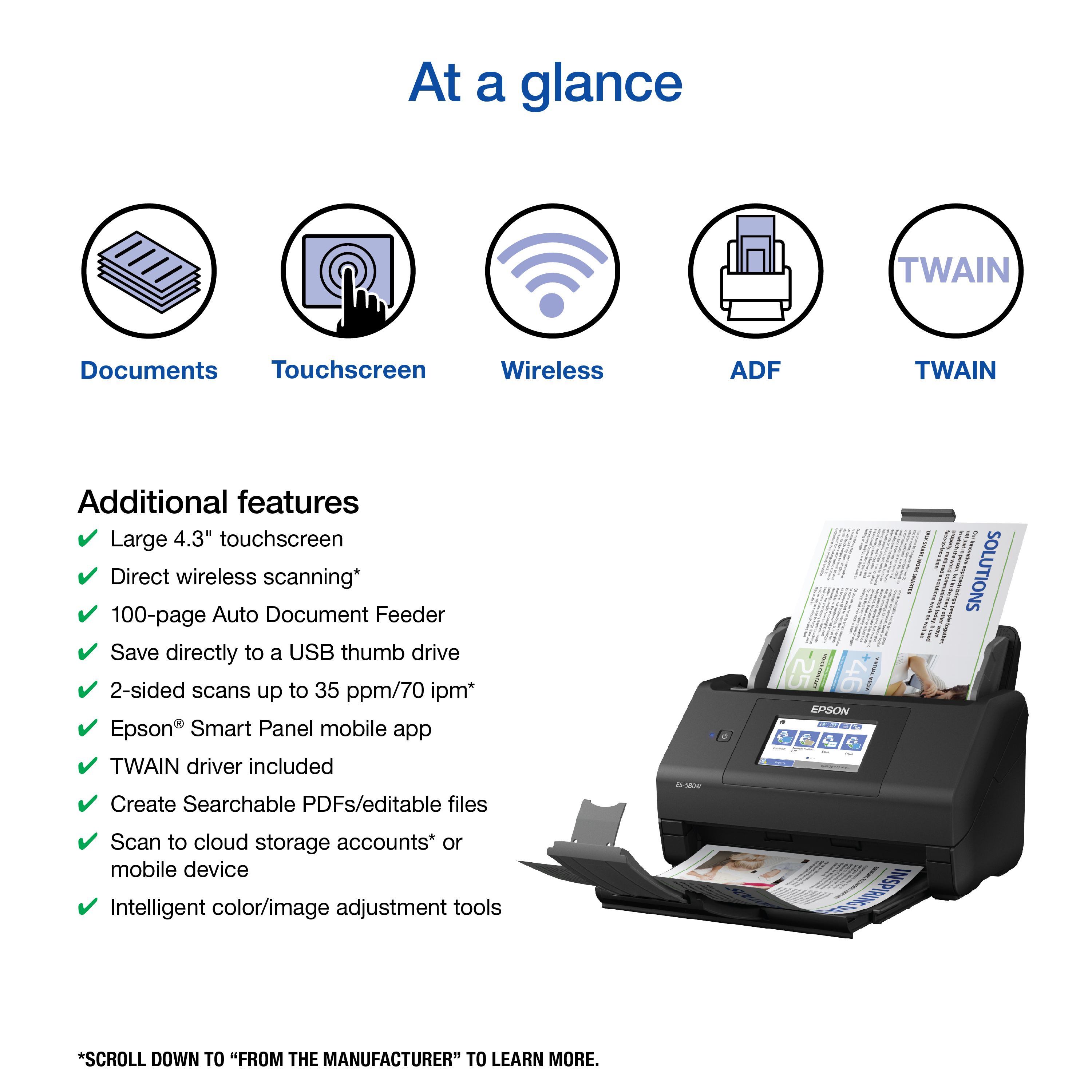 Epson WorkForce ES-580W Wireless Color Duplex Desktop Document Scanner for  PC and Mac with 100-sheet Auto Document Feeder (ADF) and Intuitive 4.3