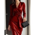 thumbnail image 2 of ZOELNIC Women's Burgundy Satin Midi Dress Elegant V-Neck Long Sleeve Bodycon Dress with Belted Waist for Parties & Formal Events, S, 2 of 5