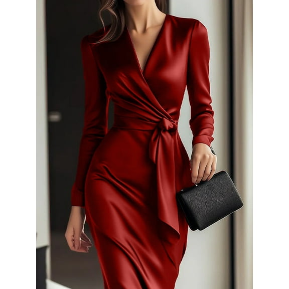 Zukuco Women's Sexy V Neck Long Sleeve Satin Dress Casual Elegant Cocktail Wedding Guest Midi Bodycon Dresses, S