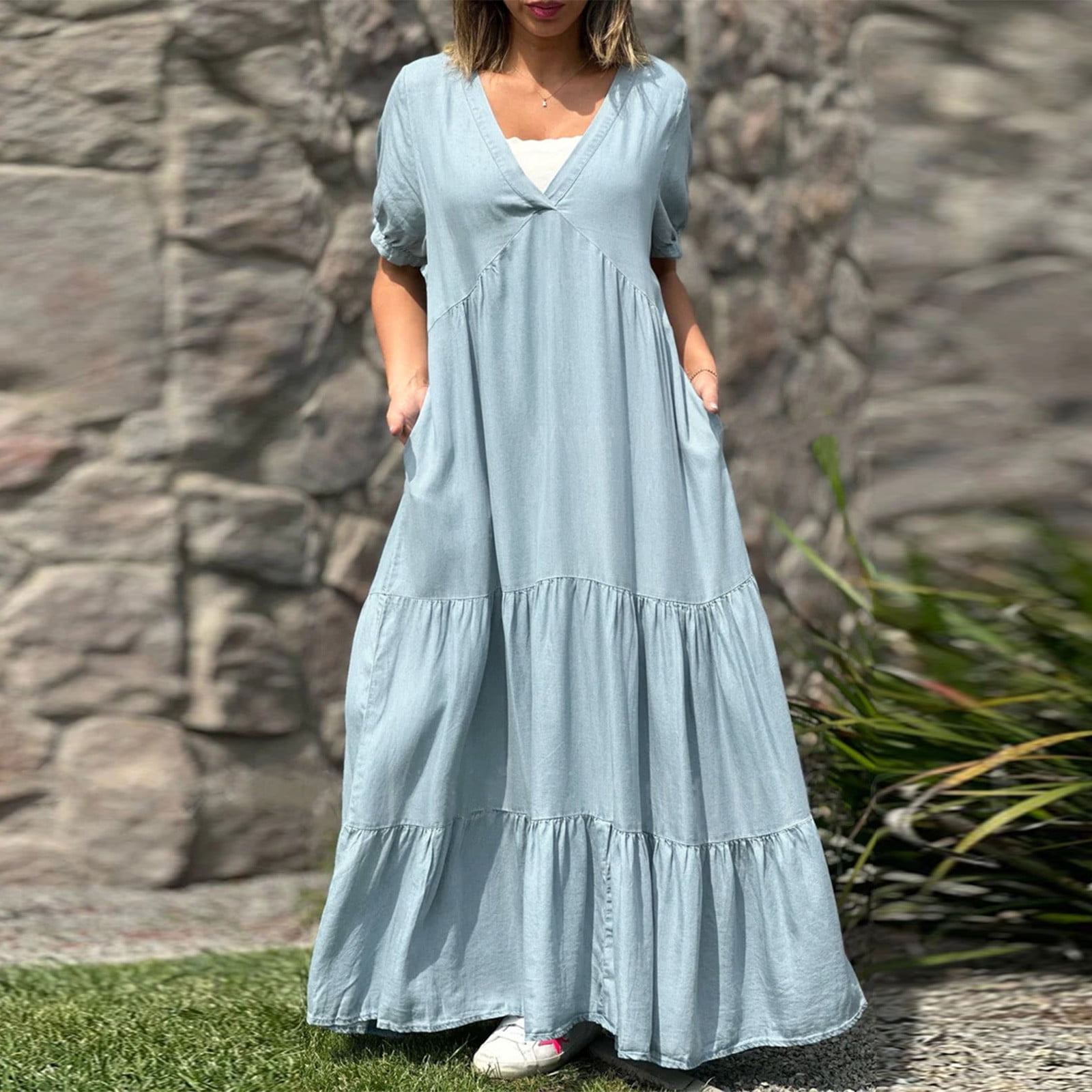OSFVNOXV Denim Look Dress for Women Plus Size Summer Boho Loose Tiered Maxi Dress Casual V-Neck Flowy A-Line Tunic Shirt Dress,S-5XL