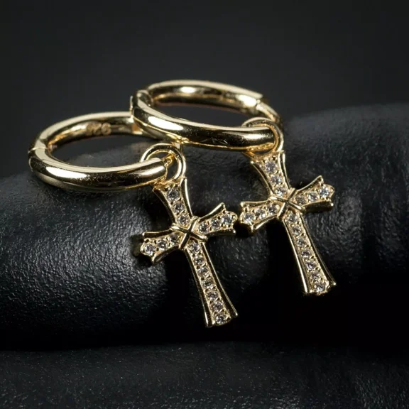 1Ct Round Cut Lab Created Diamond Cross Huggie Drop Men's Hoop Earrings 14K Yellow Gold Plated