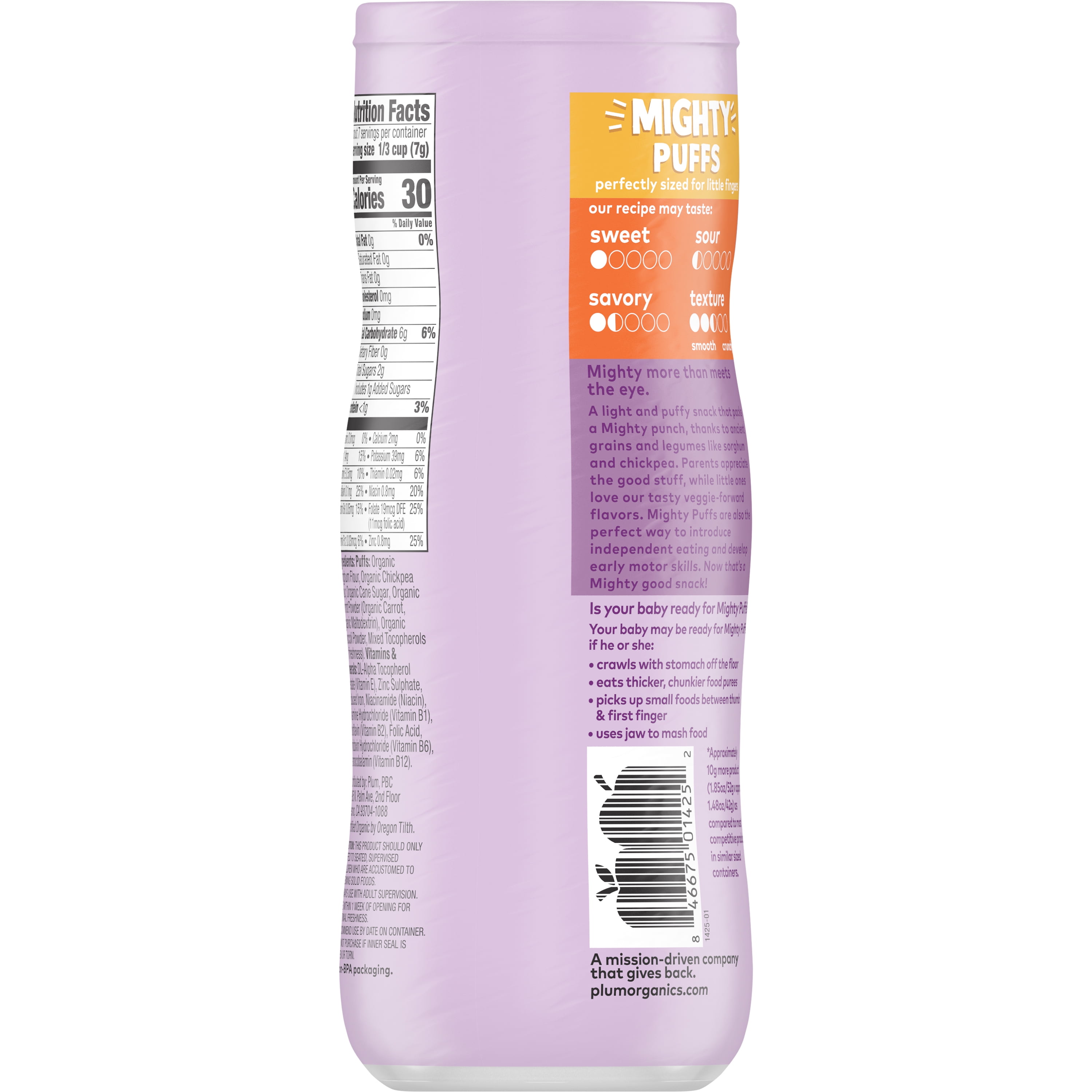 Plum Organics Mighty Puffs, Ancient Grain + Chickpea Snack, Carrot + Broccoli, 1.85 oz Canister, 6 Pack