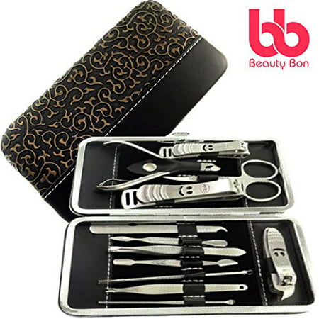 Manicure Pedicure Set Nail Clippers - 12 Piece Stainless Steel Hygiene Kit - Toenail Clippers Includes Cuticle Remover with Portable Travel Case Beauty Care Tools - Beauty Bon