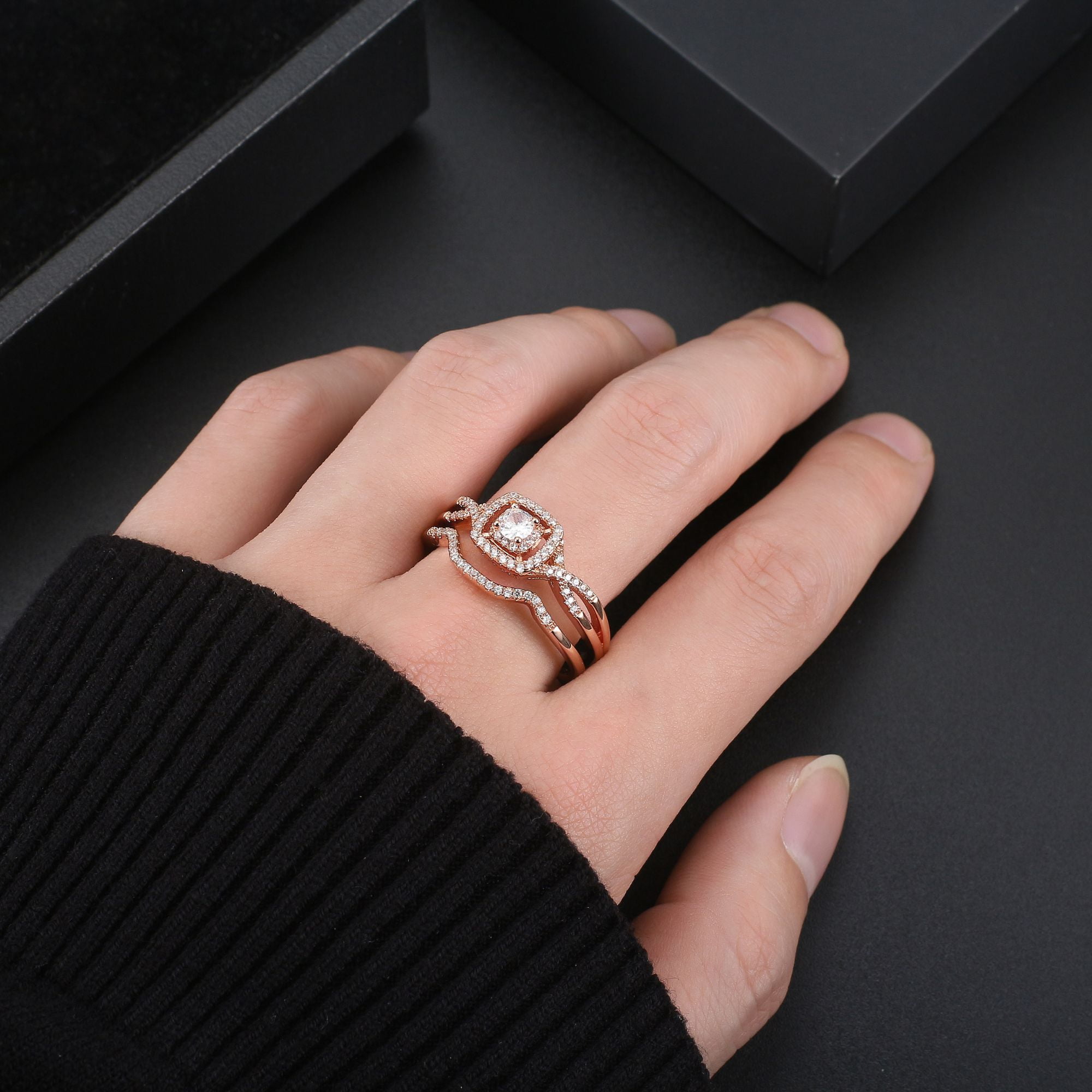 Bridal Set for Women Halo CZ Plated Gold Engagement Rings Ginger Lyne Collection