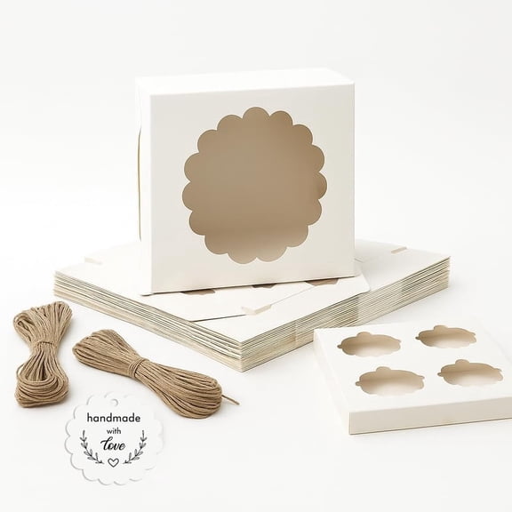Cupcake Boxes with 4 cavity Pack of 20, White Cupcake Carrier, Food Grade Bakery Boxes with Window, Insert Trays, Jute Twine and Tags to fit 4 Cupcakes Muffins Donuts Cookies