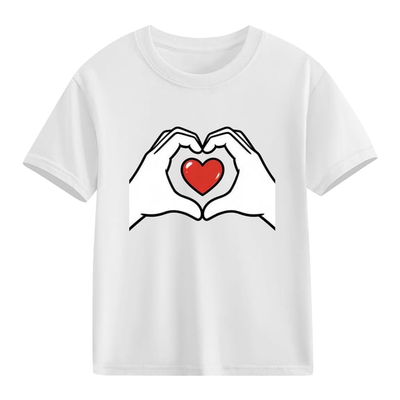 Kids White T-Shirt for Girls with Heart Print, 100% Cotton Short Sleeve Tee, Casual Top for Ages 4-10,Size 4 T