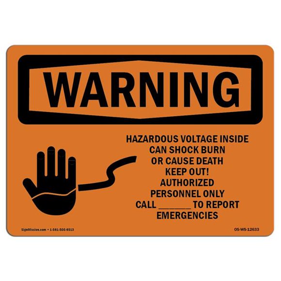 SignMission OS-WS-D-35-L-12633 OSHA Warning Sign - Hazardous Voltage Inside with Symbol