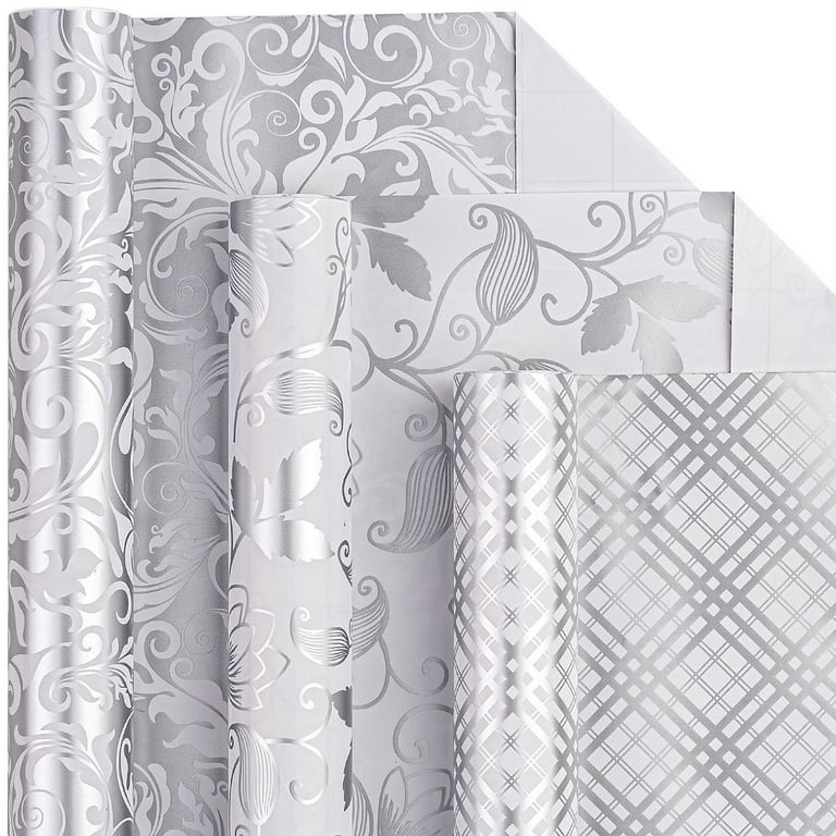 LeZakaa Silver Wrapping Paper Roll - Mini Roll - Floral/ Bellflower/ Plaid for Wedding, Bridal Shower, Birthday - 17 x 120 Inches - 3 Rolls (42.5 sq.ft.ttl.)
